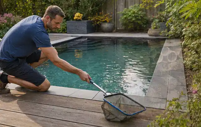 Person entfernt Blätter mit einem Kescher aus einem kleinen Gartenpool; Thema Feuerschalen, Schwerpunkt Sicherheit; Ergebnis.