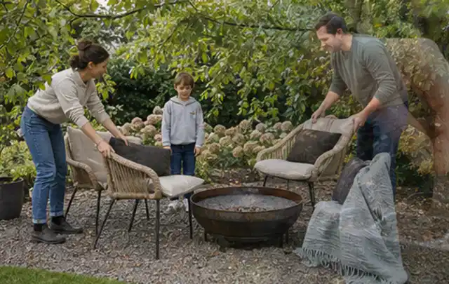 Familie stellt wetterfeste Sessel an einem geschützten Sitzplatz im Garten auf; Thema Feuerschalen, Schwerpunkt Sicherheit; Praxisalltag.