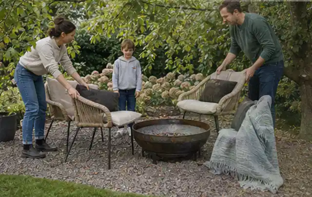 Familie stellt wetterfeste Sessel an einem geschützten Sitzplatz im Garten auf; Thema Feuerschalen, Schwerpunkt Testkriterien; Kontrolle.
