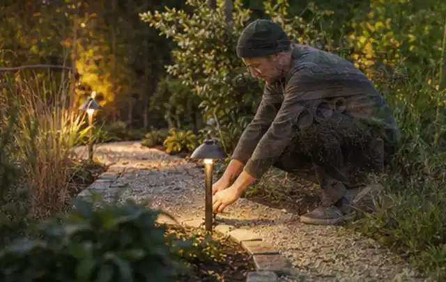 Person richtet eine niedrige warm leuchtende Gartenlampe am Kiesweg aus; Thema Feuerschalen, Schwerpunkt Testkriterien; Ergebnis.