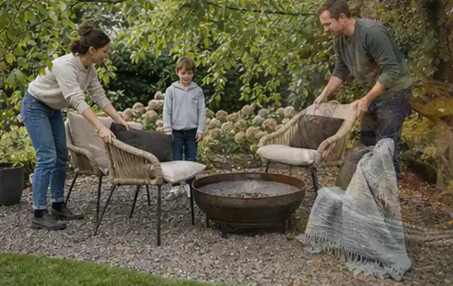 Familie stellt wetterfeste Sessel an einem geschützten Sitzplatz im Garten auf; Thema Feuerschalen, Schwerpunkt Vergleich; Ausgangslage.