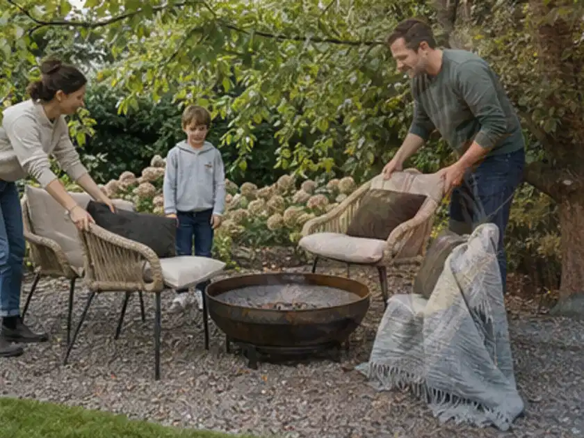 Familie stellt wetterfeste Sessel an einem geschützten Sitzplatz im Garten auf; Thema Feuerschalen, Schwerpunkt Winterlager; Titelbild.