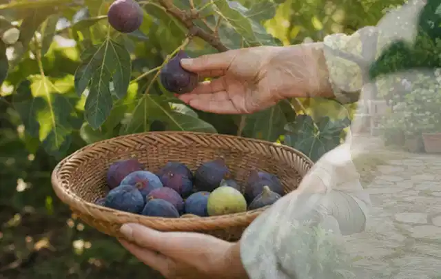 Hand pflückt eine reife Feige über einem flachen Korb mit Früchten; Thema Foliengewächshaus, Schwerpunkt Baurecht; Ergebnis.