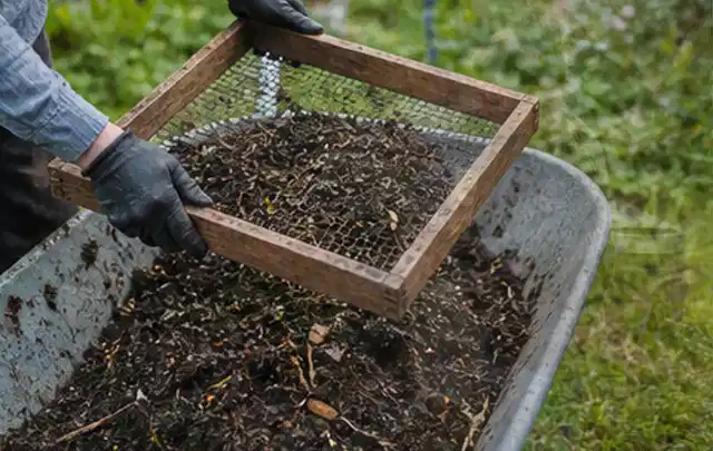 Behandschuhte Hände sieben reifen Kompost über einer Gartenschubkarre; Thema Foliengewächshaus, Schwerpunkt Dimensionierung; Ausgangslage.