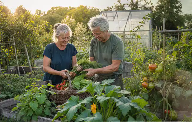 Zwei Personen ernten gemeinsam Gemüse in einem sonnigen Nutzgarten; Thema Foliengewächshaus, Schwerpunkt DIY; Ergebnis.