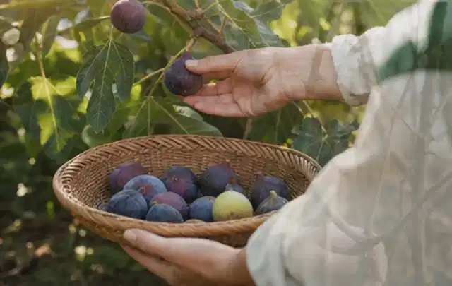 Hand pflückt eine reife Feige über einem flachen Korb mit Früchten; Thema Foliengewächshaus, Schwerpunkt Gewächshaus; Ergebnis.