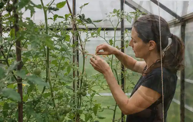 Person bindet junge Tomatentriebe in einem privaten Gewächshaus vorsichtig an; Thema Foliengewächshaus, Schwerpunkt Pflege; Ausgangslage.