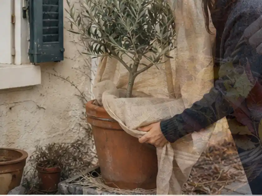 Person umhüllt eine mediterrane Kübelpflanze mit atmungsaktivem Winterschutz; Thema Foliengewächshaus, Schwerpunkt Winterschutz; Titelbild.