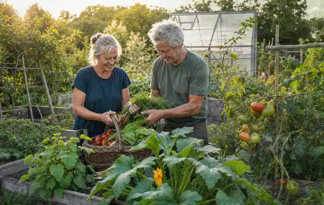 Zwei Personen ernten gemeinsam Gemüse in einem sonnigen Nutzgarten; Thema Foliengewächshaus, Schwerpunkt Winterschutz; Kontrolle.