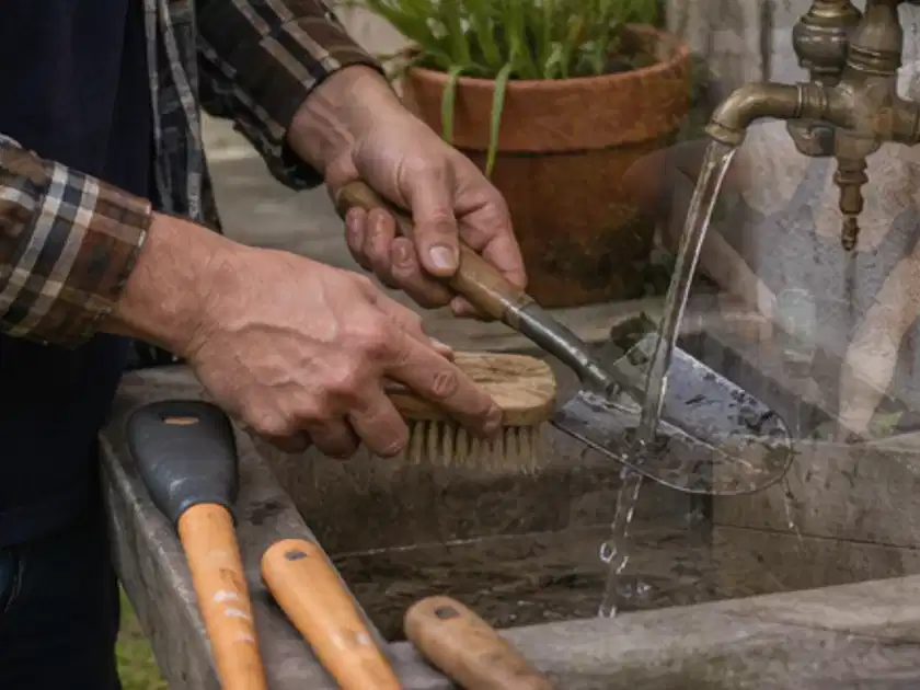 Hände reinigen gebrauchte Gartengeräte mit Bürste und Wasser am Außenbecken; Thema Freischneider, Schwerpunkt Anwendung; Titelbild.