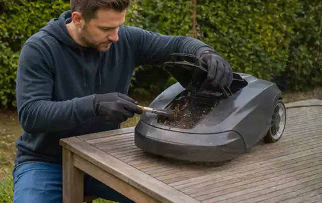 Person wartet einen geöffneten Mähroboter auf einem stabilen Gartentisch; Thema Freischneider, Schwerpunkt Anwendung; Praxisalltag.