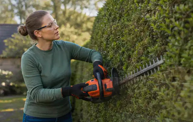 Person schneidet eine dichte Gartenhecke mit Schutzbrille und sicherem Stand; Thema Freischneider, Schwerpunkt Bestenliste; Ergebnis.