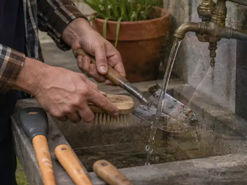 Hände reinigen gebrauchte Gartengeräte mit Bürste und Wasser am Außenbecken; Thema Freischneider, Schwerpunkt Checkliste; Titelbild.