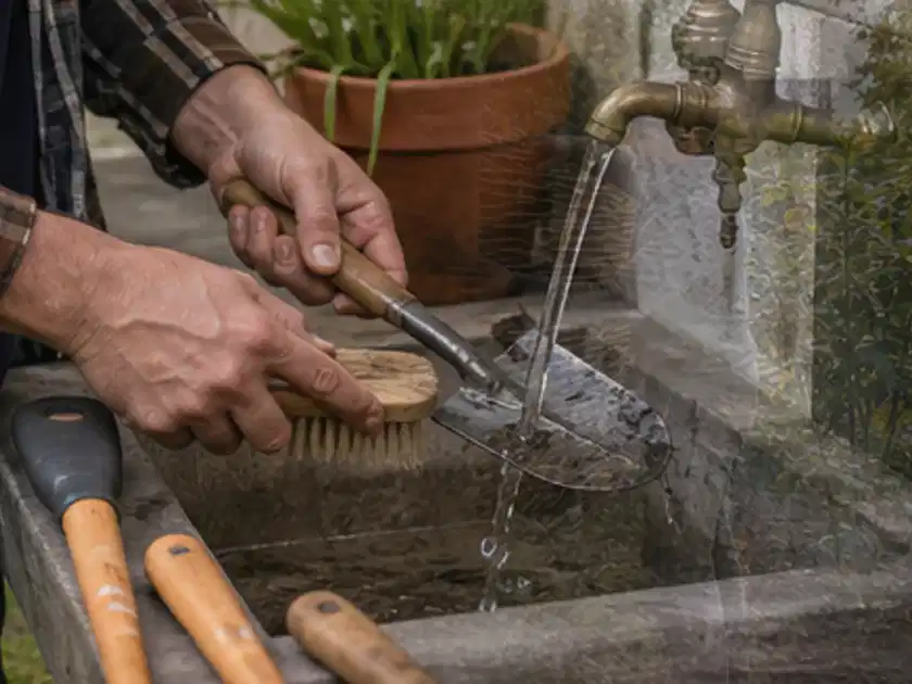 Hände reinigen gebrauchte Gartengeräte mit Bürste und Wasser am Außenbecken; Thema Freischneider, Schwerpunkt Dimensionierung; Titelbild.