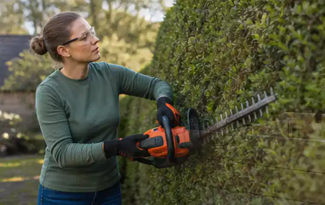 Person schneidet eine dichte Gartenhecke mit Schutzbrille und sicherem Stand; Thema Freischneider, Schwerpunkt Dimensionierung; Ergebnis.