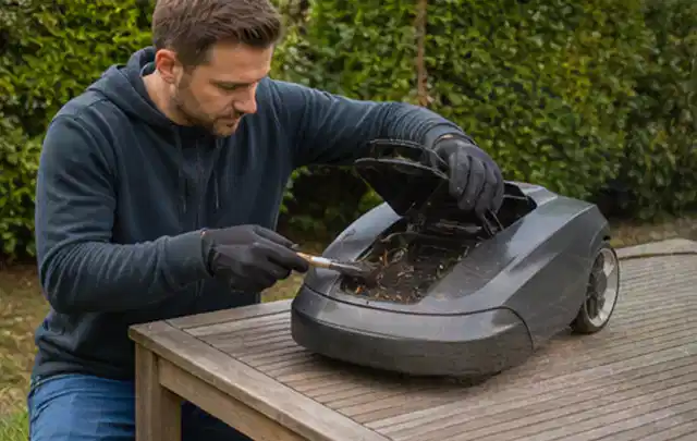 Person wartet einen geöffneten Mähroboter auf einem stabilen Gartentisch; Thema Freischneider, Schwerpunkt Ersatzteile; Umsetzung.