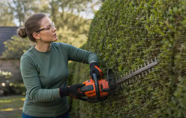 Person schneidet eine dichte Gartenhecke mit Schutzbrille und sicherem Stand; Thema Freischneider, Schwerpunkt Ersatzteile; Kontrolle.