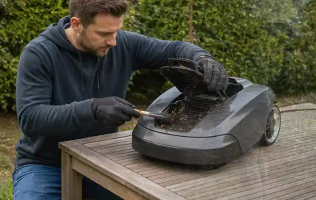 Person wartet einen geöffneten Mähroboter auf einem stabilen Gartentisch; Thema Freischneider, Schwerpunkt Fehlerhilfe; Kontrolle.
