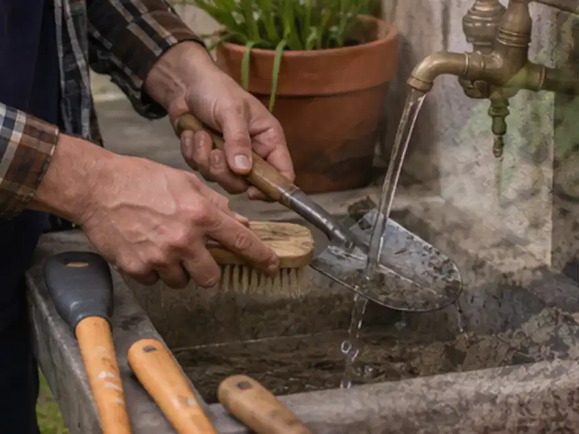 Hände reinigen gebrauchte Gartengeräte mit Bürste und Wasser am Außenbecken; Thema Freischneider, Schwerpunkt Leistung; Titelbild.