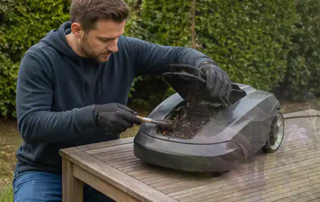 Person wartet einen geöffneten Mähroboter auf einem stabilen Gartentisch; Thema Freischneider, Schwerpunkt Leistung; Kontrolle.