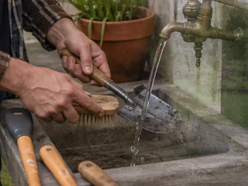 Hände reinigen gebrauchte Gartengeräte mit Bürste und Wasser am Außenbecken; Thema Freischneider, Schwerpunkt Nachhaltigkeit; Titelbild.