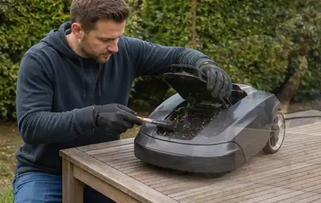 Person wartet einen geöffneten Mähroboter auf einem stabilen Gartentisch; Thema Freischneider, Schwerpunkt Reinigung; Kontrolle.