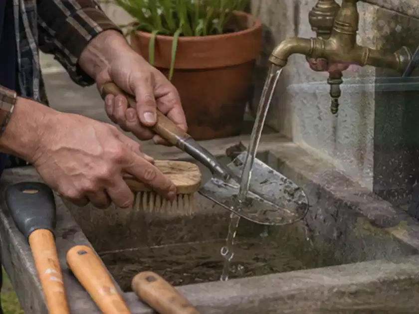 Hände reinigen gebrauchte Gartengeräte mit Bürste und Wasser am Außenbecken; Thema Freischneider, Schwerpunkt Sicherheit; Titelbild.