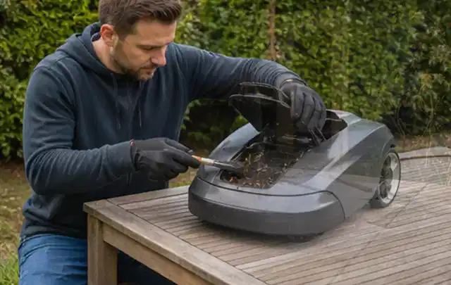 Person wartet einen geöffneten Mähroboter auf einem stabilen Gartentisch; Thema Freischneider, Schwerpunkt Systemvergleich; Umsetzung.