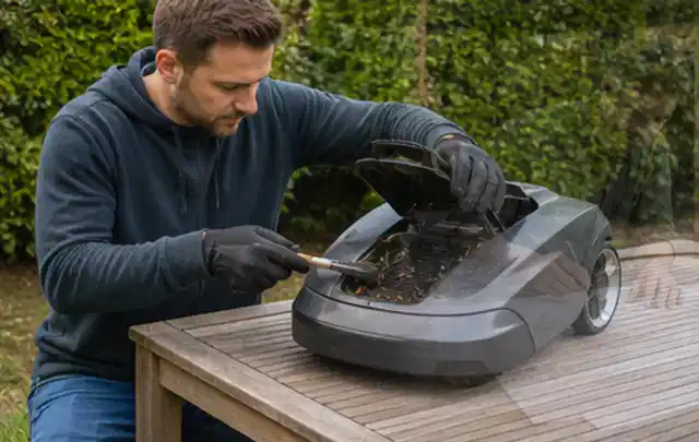 Person wartet einen geöffneten Mähroboter auf einem stabilen Gartentisch; Thema Freischneider, Schwerpunkt Testkriterien; Umsetzung.