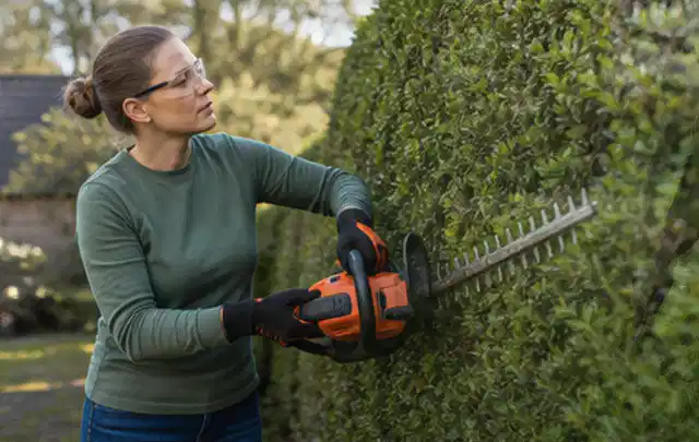 Person schneidet eine dichte Gartenhecke mit Schutzbrille und sicherem Stand; Thema Freischneider, Schwerpunkt Testkriterien; Praxisalltag.