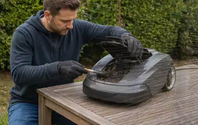 Person wartet einen geöffneten Mähroboter auf einem stabilen Gartentisch; Thema Freischneider, Schwerpunkt Vergleich; Ergebnis.