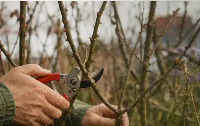 Hände schneiden einen älteren Rosenstrauch mit einer sauberen Gartenschere; Thema Freischneider, Schwerpunkt Wartung; Ausgangslage.