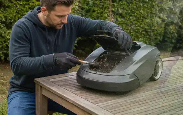 Person wartet einen geöffneten Mähroboter auf einem stabilen Gartentisch; Thema Freischneider, Schwerpunkt Wartung; Ergebnis.