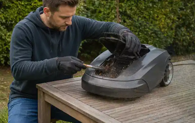 Person wartet einen geöffneten Mähroboter auf einem stabilen Gartentisch; Thema Freischneider, Schwerpunkt Winterlager; Praxisalltag.