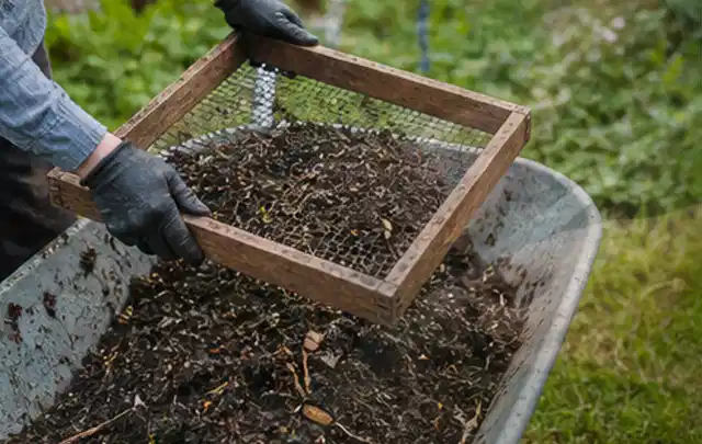 Behandschuhte Hände sieben reifen Kompost über einer Gartenschubkarre; Thema Frühbeet Aufsatz, Schwerpunkt Aufbau; Ausgangslage.
