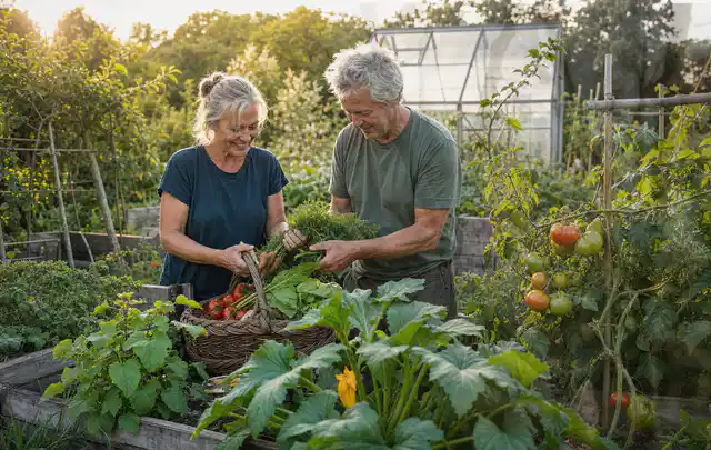 Zwei Personen ernten gemeinsam Gemüse in einem sonnigen Nutzgarten; Thema Frühbeet Aufsatz, Schwerpunkt Dimensionierung; Kontrolle.