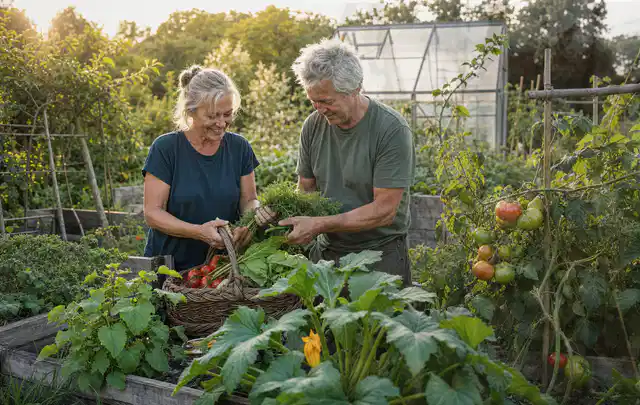 Zwei Personen ernten gemeinsam Gemüse in einem sonnigen Nutzgarten; Thema Frühbeet Aufsatz, Schwerpunkt Gärten mit kleiner Fläche; Ausgangslage.