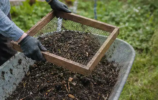 Behandschuhte Hände sieben reifen Kompost über einer Gartenschubkarre; Thema Frühbeet Aufsatz, Schwerpunkt Gestaltung; Ausgangslage.
