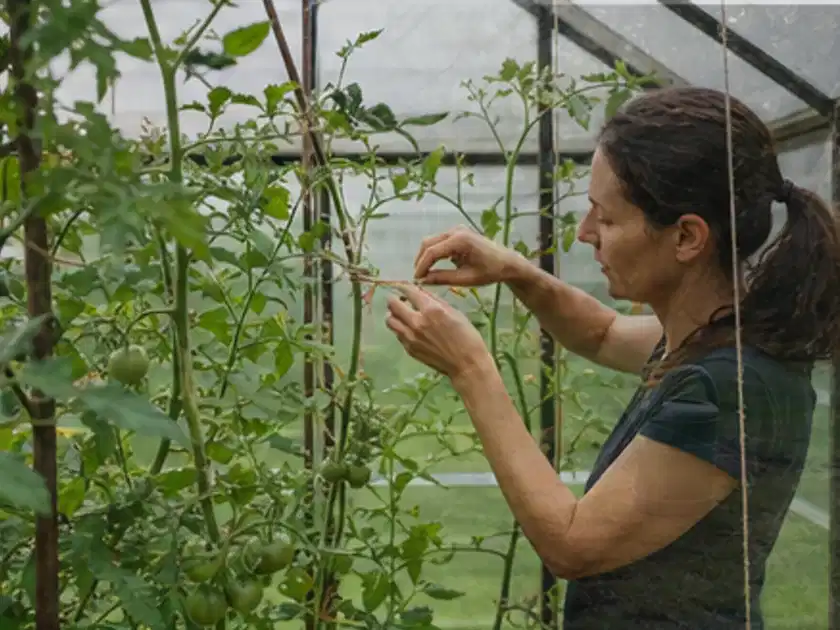 Person bindet junge Tomatentriebe in einem privaten Gewächshaus vorsichtig an; Thema Frühbeet Aufsatz, Schwerpunkt Materialwahl; Titelbild.