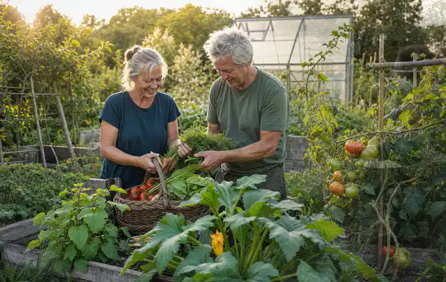 Zwei Personen ernten gemeinsam Gemüse in einem sonnigen Nutzgarten; Thema Frühbeet Aufsatz, Schwerpunkt Materialwahl; Praxisalltag.