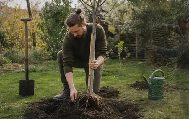 Person setzt einen jungen Zierbaum in ein vorbereitetes Pflanzloch im Garten; Thema Frühlingsblüher, Schwerpunkt Bewässerung; Umsetzung.
