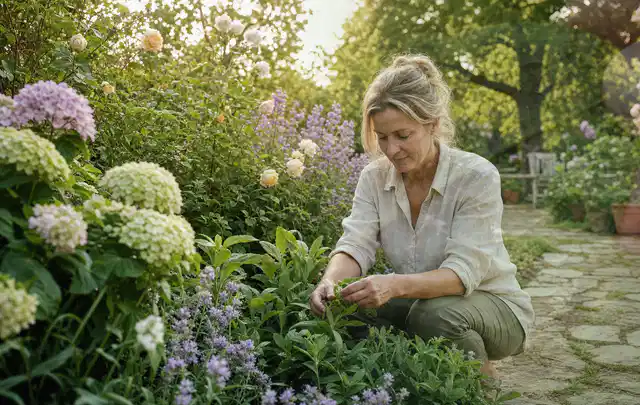 Person pflegt üppige Pflanzen in einem natürlich beleuchteten Garten; Thema Frühlingsblüher, Schwerpunkt Blumen; Ergebnis.