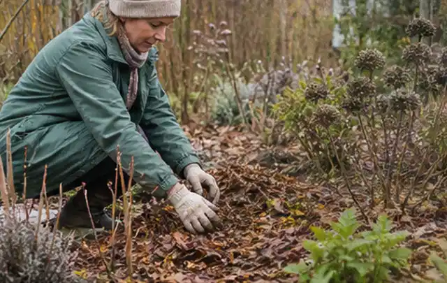 Person verteilt eine schützende Mulchschicht zwischen winterlichen Stauden; Thema Frühlingsblüher, Schwerpunkt Boden; Kontrolle.