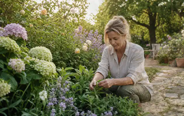 Person pflegt üppige Pflanzen in einem natürlich beleuchteten Garten; Thema Frühlingsblüher, Schwerpunkt Düngung; Ergebnis.