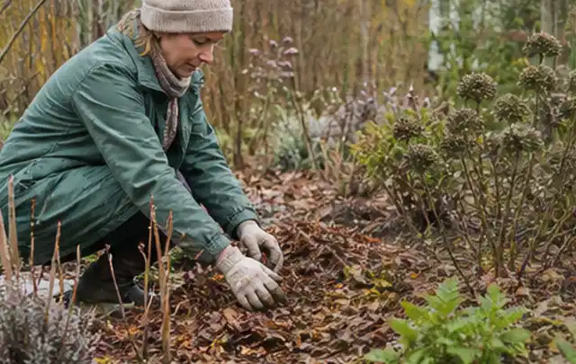Person verteilt eine schützende Mulchschicht zwischen winterlichen Stauden; Thema Frühlingsblüher, Schwerpunkt Einsteigerwissen; Kontrolle.