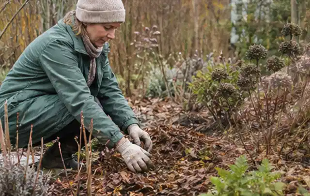 Person verteilt eine schützende Mulchschicht zwischen winterlichen Stauden; Thema Frühlingsblüher, Schwerpunkt Fehlerhilfe; Umsetzung.