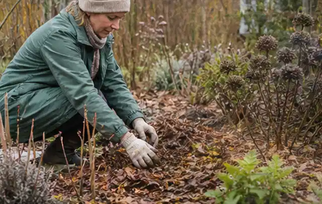 Person verteilt eine schützende Mulchschicht zwischen winterlichen Stauden; Thema Frühlingsblüher, Schwerpunkt Jahrespflege; Umsetzung.