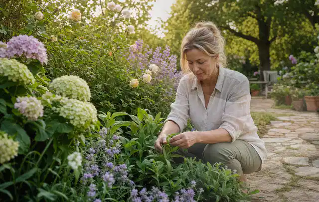 Person pflegt üppige Pflanzen in einem natürlich beleuchteten Garten; Thema Frühlingsblüher, Schwerpunkt Jahrespflege; Praxisalltag.