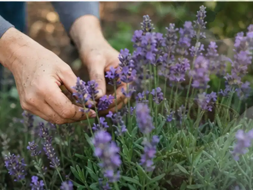Hände pflegen blühenden Lavendel in einem natürlich angelegten Gartenbeet; Thema Frühlingsblüher, Schwerpunkt Kaufberatung; Titelbild.