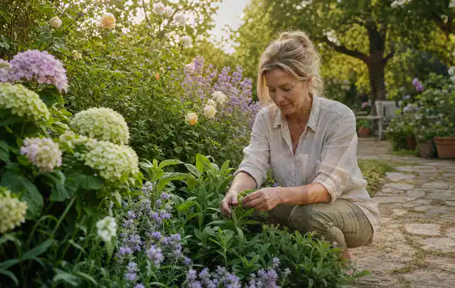 Person pflegt üppige Pflanzen in einem natürlich beleuchteten Garten; Thema Frühlingsblüher, Schwerpunkt Pflanzengesundheit; Umsetzung.